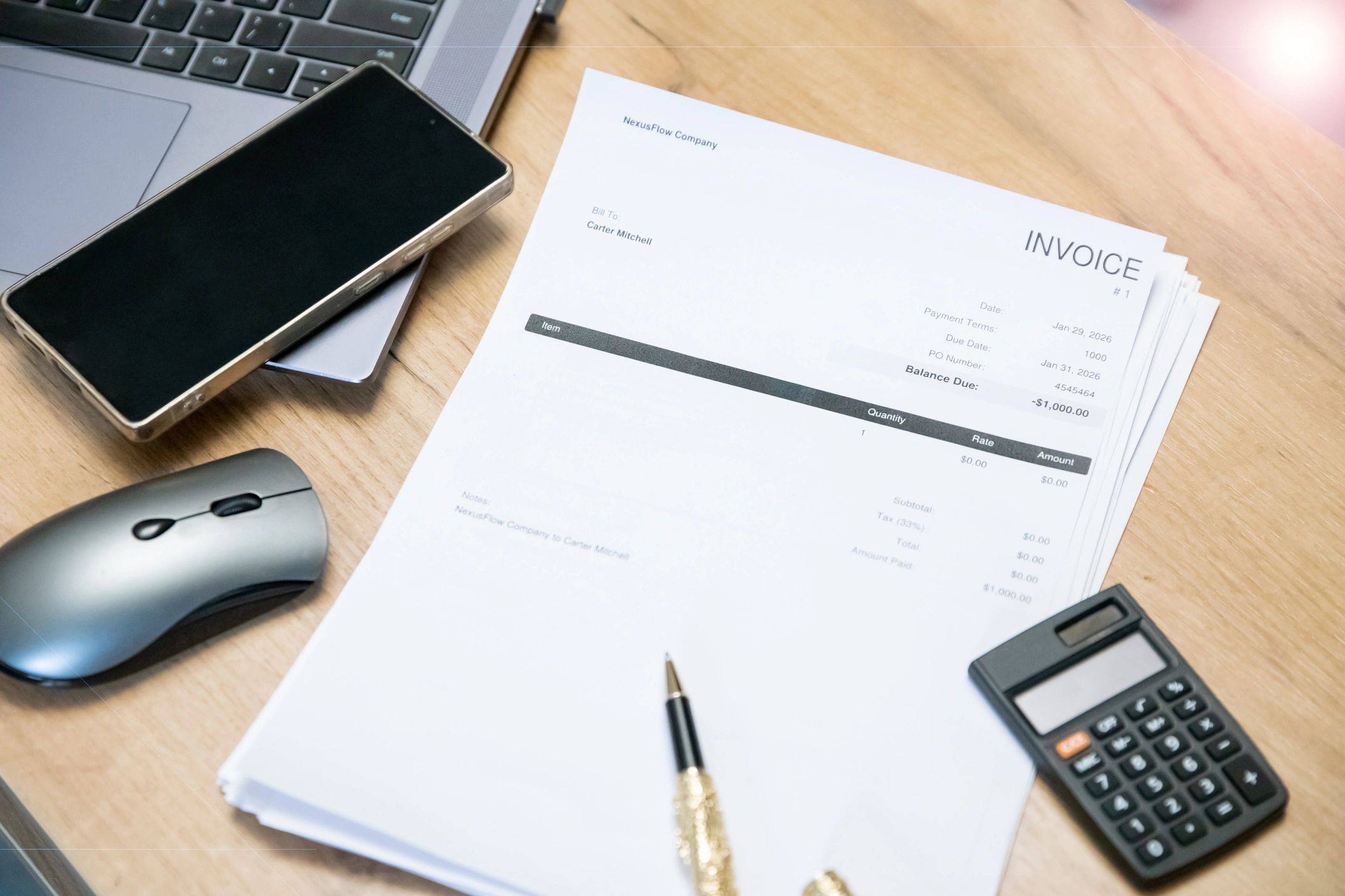 Invoice document, calculator, smartphone, and laptop on a desk